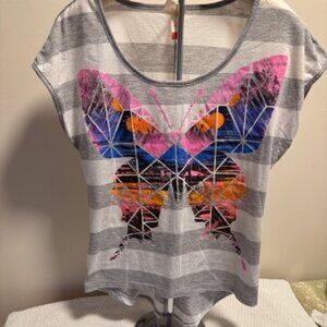 No Boundaries Butterfly Graphic T-Shirt Gray Stripe Cap Sleeve Top Juniors M 7/9